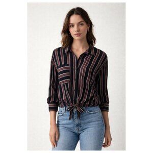 ZARA Black White Brown stripes long sleeve button down blouse shirt Small